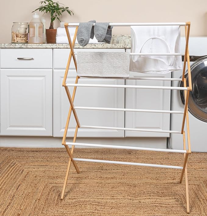 Household Essentials Bamboo Folding Clothes Drying Rack | White Finish, 11 Dowels & Flat Drying Shelf | Eco-Friendly, Collapsible Laundry Rack for Dorms, Apartments & Small Spaces | Fully Assembled
