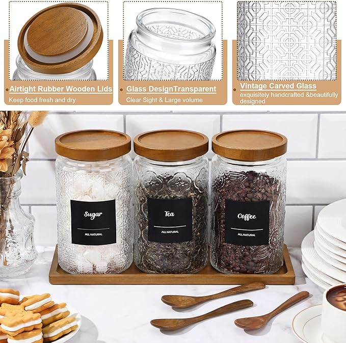 3 Pack 34 oz Glass Coffee Container with Wooden Tray Lid Spoon Labels Clear Airtight Glass Jar Food Storage Kitchen Canisters Set Decorative Coffee Bar Containers for Sugar Candy Tea Flour