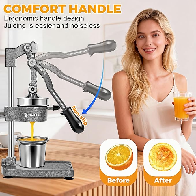 Cast Iron Juicer, Manual Citrus Press, Heavy Duty Hand Press Fruit Squeezer with Stable Base & Maximum Juice Yield for Orange Lemon Lime Pomegranate, Silver