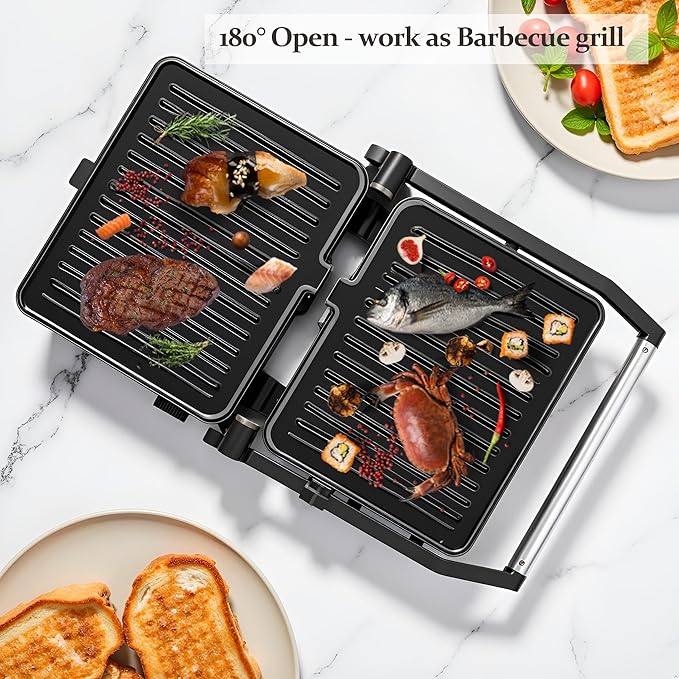 Panini Press,Sandwich Press Grill,180 Degree Open,Perfect for Grilling Sandwich,Steak,Burger,Non-Stick Grill,Table Grill,Stainless Steel,Temperature Adjustable,4 Slice,Barbecue,GT49A
