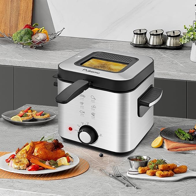 PUKOMC Electric Deep Fryer, 1.5 Liters/1.6 Qt. Oil Capacity, Small Deep Fryer with Basket for Home Use, Cool Touch Sides Easy to Clean, Nonstick Basket
