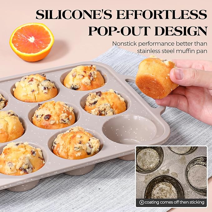 6 Pcs Baking Pans Set, Silicone Bakeware Sets with Metal Reinforced Frame, Nonstick Stackable Carbon Steel Non Toxic Baking Sets for Cooking (Brown)