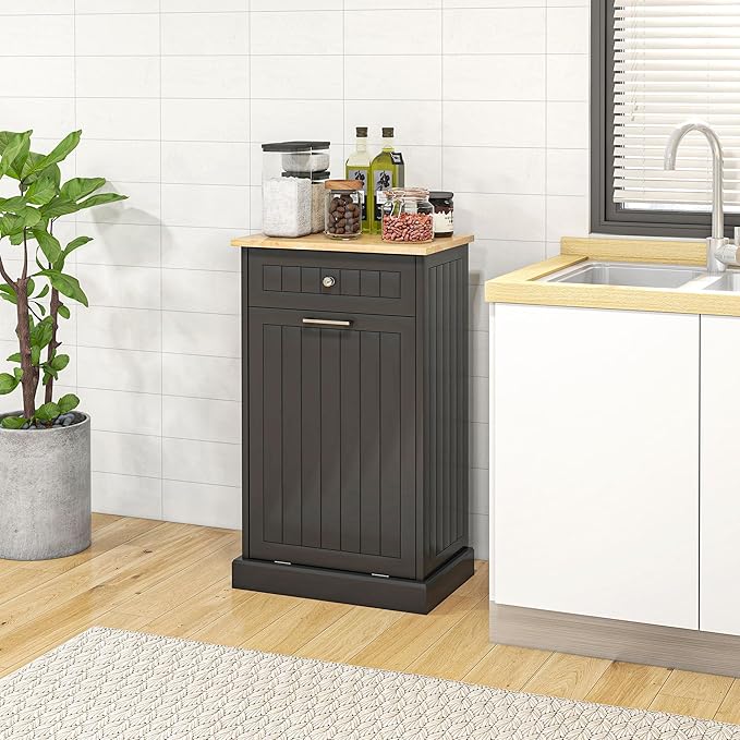 HRVEOCEI Single Tilt Out Trash Can Cabinet for 10 Gallon, Trash Can Holder Cabinet with Drawer, Farmhouse Garbage Cabinets for Kitchen Living Room, Easy to Clean (Black)