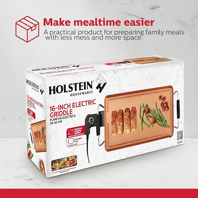 Holstein Housewares 16-Inch Electric Griddle, Healthy-Eco Non-stick Coating and Smokeless, Large Cooking Surface for Making Eggs, Chicken Chops and Ham, Multifunctional, Copper and Black Color