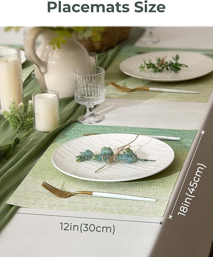 Leetaltree Gradient Green Woven Placemats Set of 24 - Heat Resistant Non-Slip Place mats for Dining Table, Washable Durable PVC Vinyl Woven Table Mats(Gradient Green, 24)