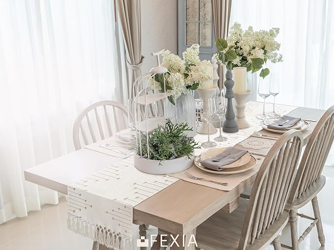 FEXIA Boho Table Runner with Tassels 90 Inches Long for Home Decor Macrame Room Decor Farmhouse Rustic Table Runners for Dining Bedroom Bridal Shower (12x90 Inches)