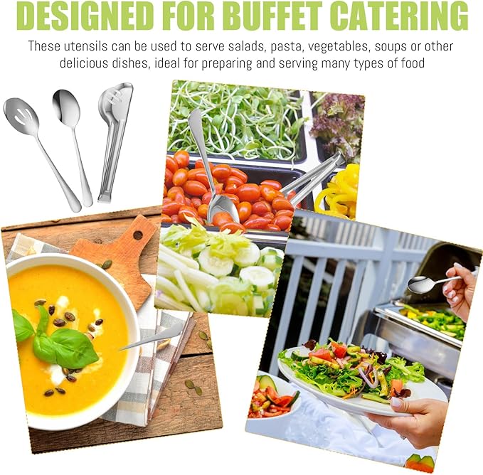 Sabary 36 Pcs Stainless Steel Serving Utensils for Buffet Parties Including 12 Serving Spoons 12 Slotted Spoons 12 Serving Tongs Large Metal Flatware Set for Tanksgiving Catering Banquet(Silver)