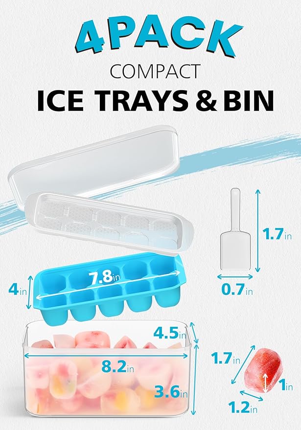 DOQAUS Ice Cube Tray with Lid and Bin - 4 Pack Ice Bucket Kits, Stackable Silicone Ice Trays for Freezer, Easy Pop Out, BPA Free for Cocktail, Coffee, Soup, Food, RV, Kitchen