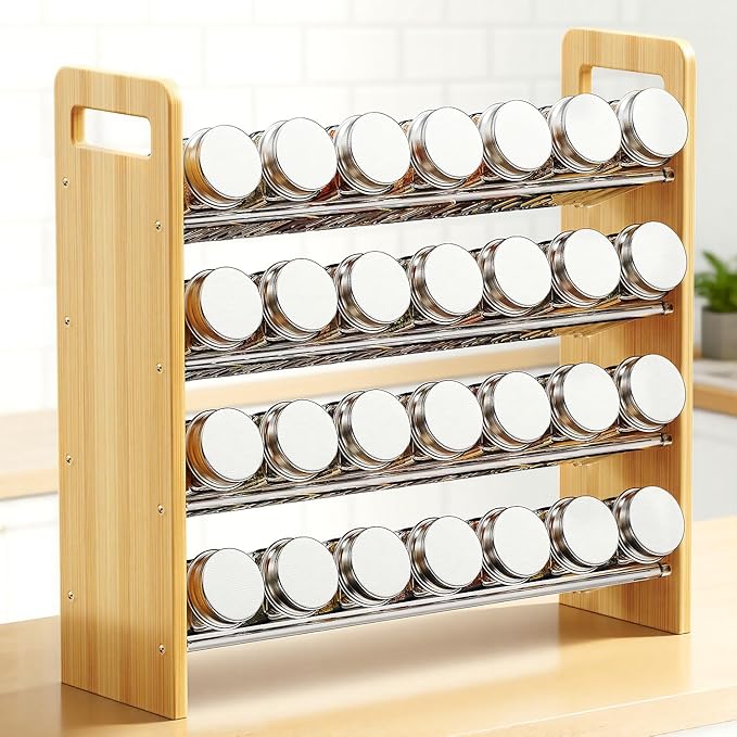 Nieifi Transparent & Wooden Spice Rack Rustproof, without Seasoning Jars,4-Tier ABS Plastic Spice Rack Organizer for Cabinet and Countertop,Thickened Corrosion-Resistant-Tiered Spice Rack