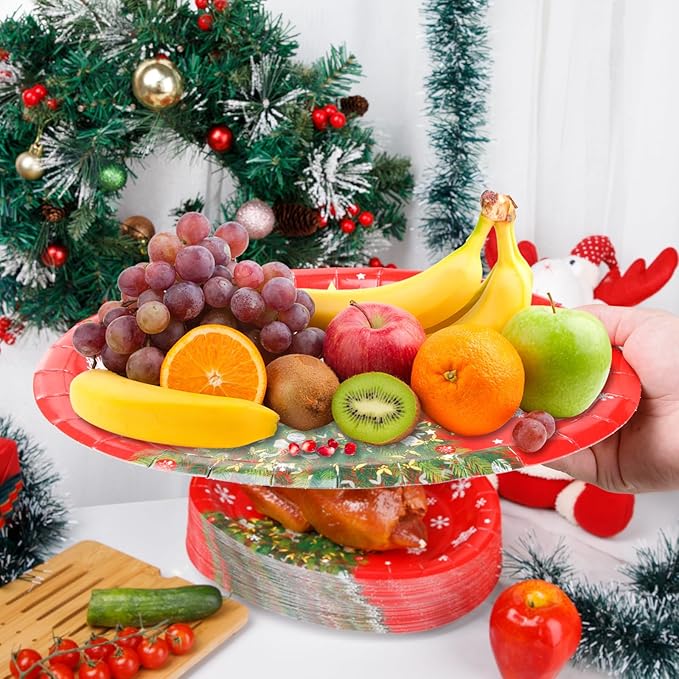 WDF 50Pack Christmas Paper Plates - Oval Paper Plates 10" x 12" for Party Supplies Christmas Trees Large Disposable Platter for Serving Tray Baby Shower Birthday