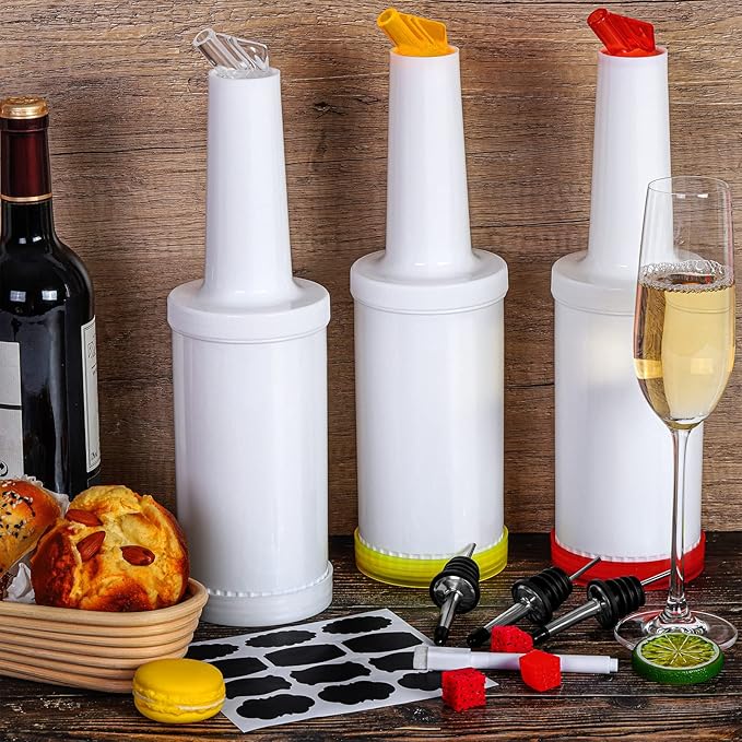 Ruisita 6 Pack Plastic Pour Bottles with Stainless Steel Pourer - Tapered Spout for Liquor and Juice Store (34 Ounces, Multicolor)