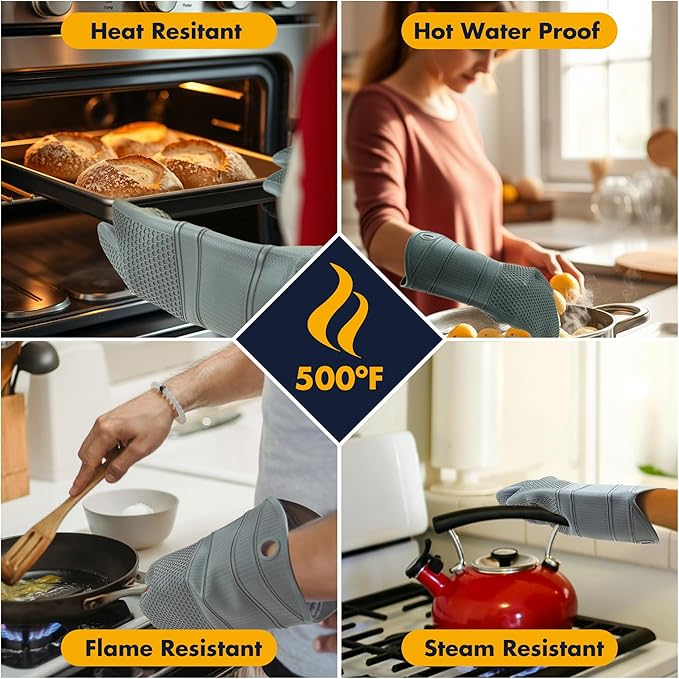 1 Pair Oven Mitts,Silicone Oven Mitts,Long Cooking Gloves,Heat Resistant Oven Gloves Grill BBQ Gloves,Kitchen Home Essentials,12.9"*7.48" Grey Mitt