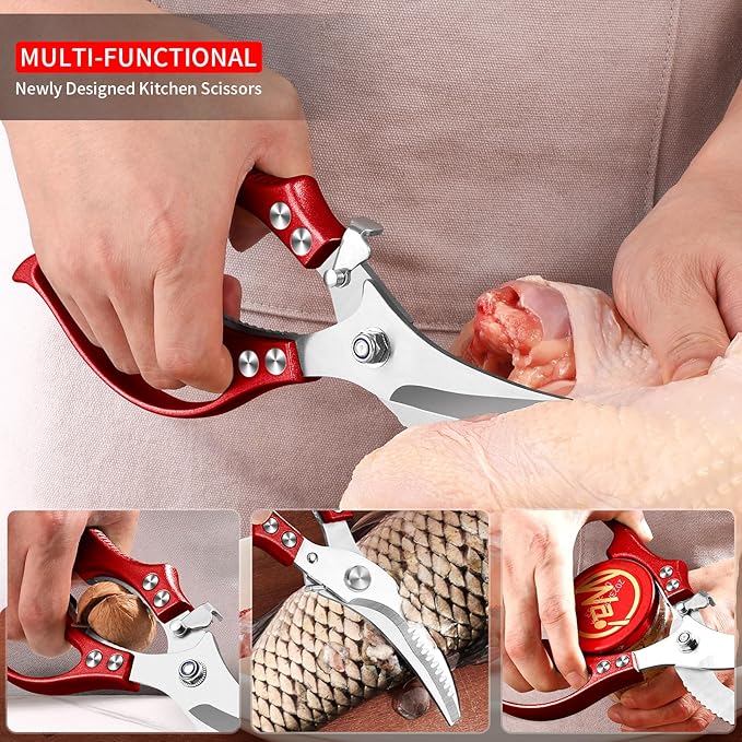 MAD SHARK Professional Heavy Duty Poultry Shears - Kitchen Shears for Spatchcocking Chicken and Meat Cutting, Multi-Purpose Kitchen Scissors for Food, Spring-loaded (Red)
