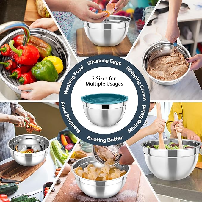P&P CHEF Blue Mixing Bowls with Lids, Set of 3, Stainless Steel Salad Nesting Bowl for Mixing, Storing, Prepping, Airtight & Stackable, Size 4.6/3 /1.5 QT