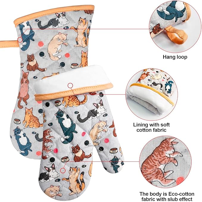 Alselo Oven Mitts and Pot Holders with Chef Apron,Set of 5 Heat Resistant Kitchen Gloves and Silicone Non-Slip Potholders Adjustable Neck Buckle Chef Apron, Cotton Nice Design for Cooking (Cat)
