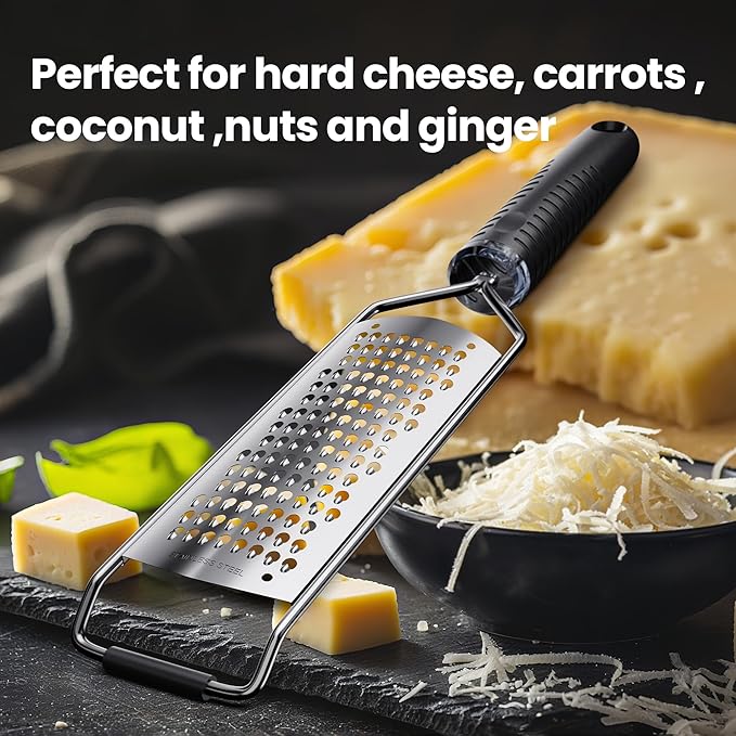 Coarse Grater for Cheese & Vegetables - Non-Slip Grip | Dishwasher Safe Stainless Steel (Black)