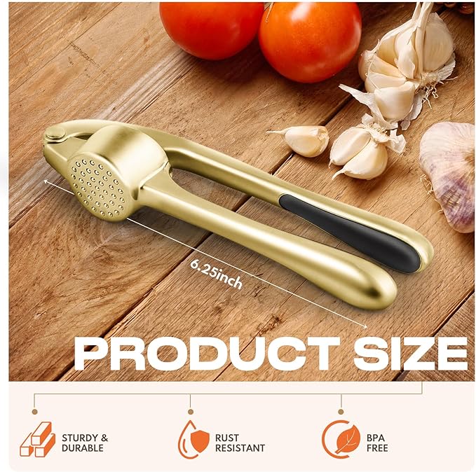 Kitchen Garlic Press, Rust Proof & Dishwasher Safe Garlic Mincer, Durable Garlic Crusher Set with Peeler＆Brush, Easy to Clean and Squeeze, Gold