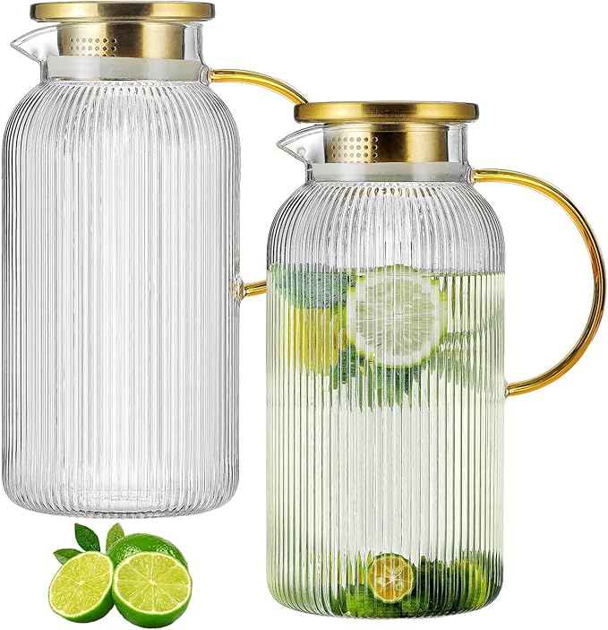 Buaic 2 PACK Glass Pitcher with Lid, 84oz/2.5L Liter Classic Vertical Stripes Water Pitcher,Glass Water Carafe for Cold Brew, Coffee, Lemonade, Iced Tea,Sun Tea, Beverage, Heat Resistant