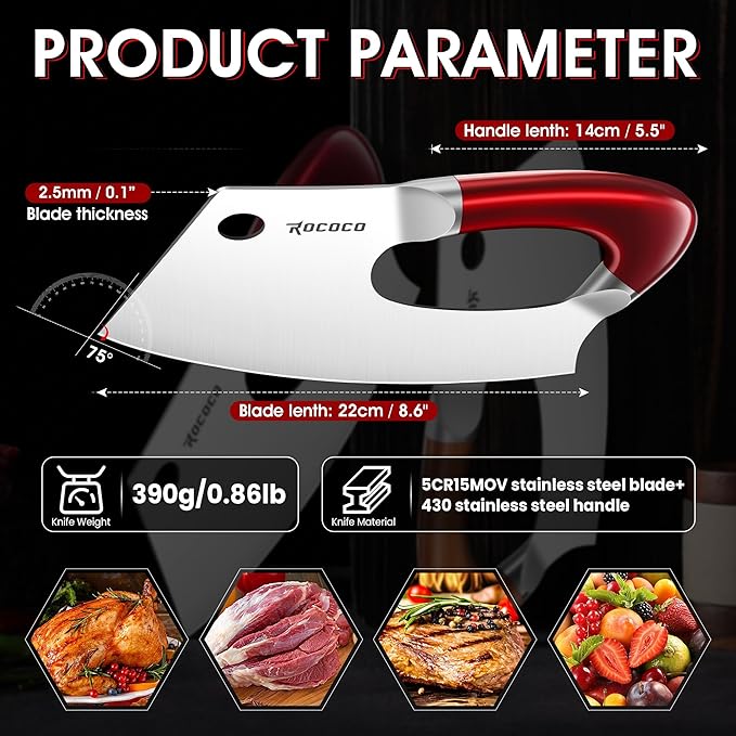 ROCOCO Meat Cleaver Knife Unique Effort Saving Kitchen Knife Professional Stainless Steel Chef Cooking Knives for Cutting Meat Vegetable Father Mother Christmas Gift Red