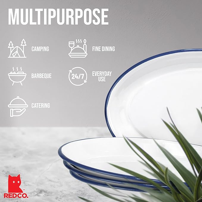 Red Co. Enamelware Metal Classic 13" Serving Oval Tray Platter, Solid White/Navy Blue Rim
