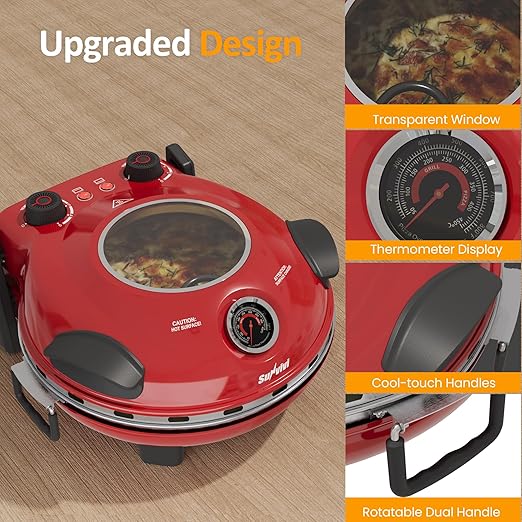Pizza Oven Indoor Outdoor: Heats up to 770℉, Up to 12" Electric Countertop Pizza Maker with Viewing Window, Dual Temp Control Knob, Portable Pizza Cooker Warmer, Pizza Stone, Pizza Peel