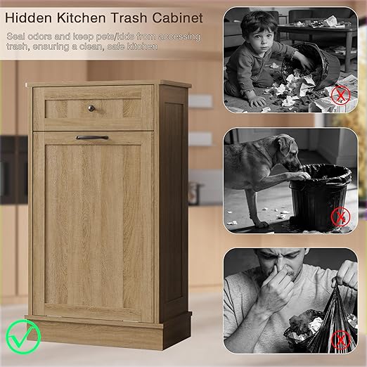 KIGOTY Tilt Out Trash Can Cabinet Trash Bin Cabinet with Hideaway Drawer Hidden Wooden Kitchen Garbage Can, Pet Proof Trash Can Holder for Kitchen (Coffee)