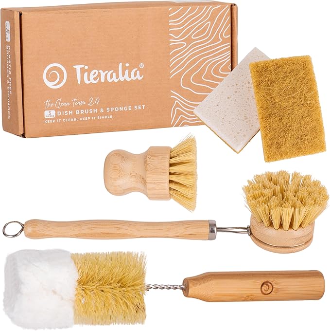 Tieralia Bamboo Dish Brush Set 5 Piece – Eco Friendly Kitchen Cleaning Kit with Bottle Brush, Long Dish Brush, Palm Scrubber & 2 Plant-Based Sponges | Plastic-Free Natural Dish Scrubber