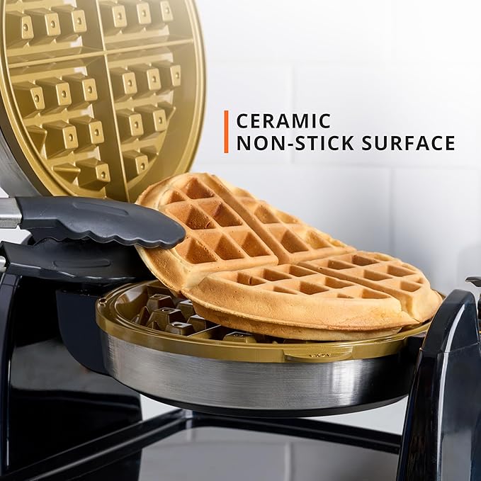KRUPS Waffle Maker, Rotating Belgian Waffle Maker, 180° Flip Waffle Iron, Ceramic Non-Stick Plate, 3 Browning Control Levels, Foldable Cool Touch Handle, Removable Drip Tray, Stainless Steel