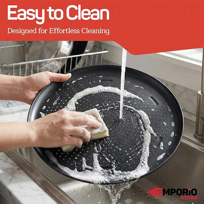 Emporio Kitchen Non-Stick Pizza Pan 2 Pack – 16 Inch Round Carbon Steel Pizza Tray with Perforated Holes, PFOAPFOSPTFE-Free, Dishwasher & Oven Safe Up To 450°F, Durable Nonstick Gray Coating