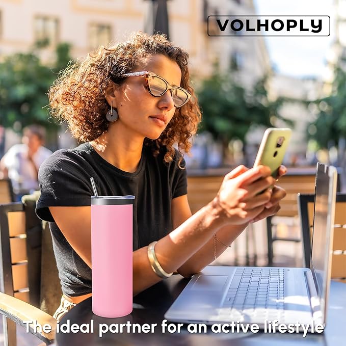 Volhoply 12 Pack Skinny Tumblers with Lid and Straw, 20oz Stainless Steel Straight Tumbler Bulk, Vacuum Insulated Coffee Mug for Home, Office, Travel, DIY (Pink,12 Pack)