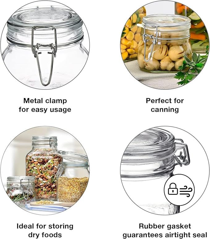 Bormioli Rocco Fido Collection, 2 Pack, 17 Oz. Food Storage Glass Jars, Airtight Rubber Seal & Glass Lid, With Stainless Wire Clamp, Made In Italy.