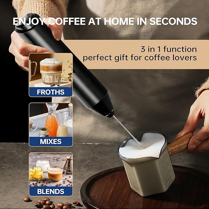 YSSOA Electric Milk Frother Handheld with Stainless Steel Stand Battery Operated Whisk Drink Mixer for Coffee, Frappe, Matcha, Latte, Hot Chocolate, Mini Hand Blender, Black 2 Pack