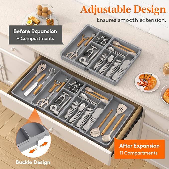 Lifewit Utensil Organizer for Kitchen Drawer, Expandable Cooking Silverware Tray, Adjustable Cutlery Flatware Holder, Plastic Spatula Tools Storage Divider, 21.3- 36 x 16.9", Gray