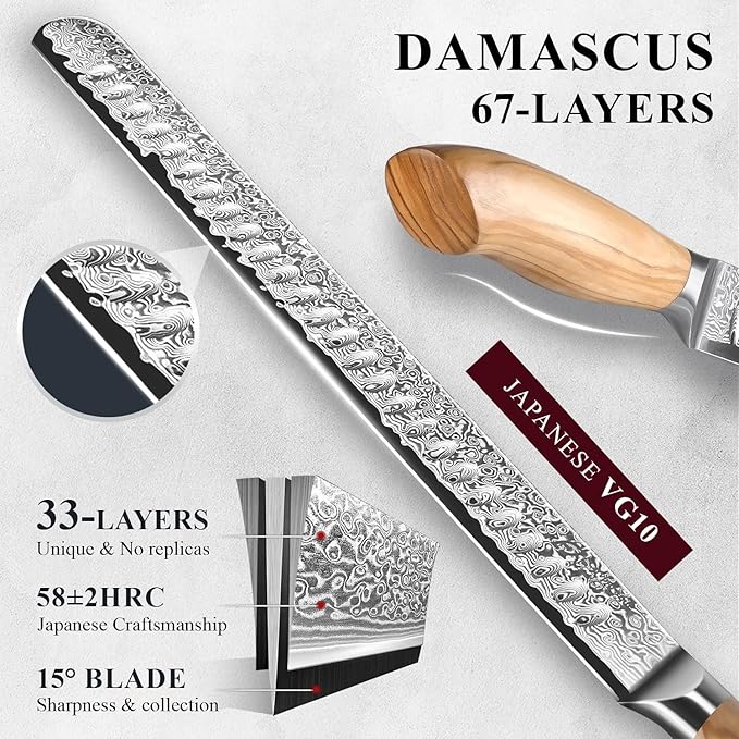 Emojoy Damascus Brisket Slicing Knife, 12" Carving Knife with Japanese Steel, Olive Wood Handle, Luxury Wooden Gift Box, Razor Sharp for Meat & Turkey
