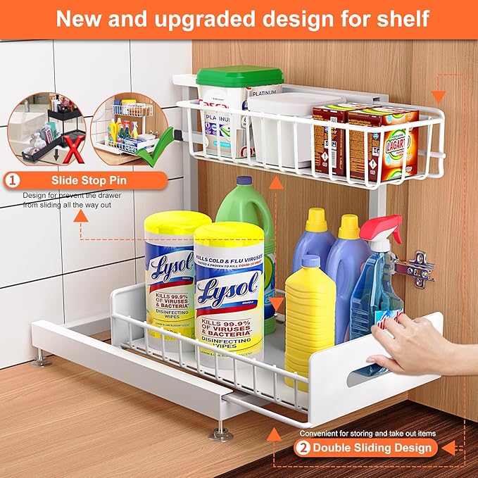 2 Pack Under Sink Organizer, Pull Out Cabinet Organizer 2 Tier Slide Out Sink Basket Drawer Sink Shelf Cabinet Storage Shelves ,Adjustable L Shape Counter Organization for Kitchen Bathroom , White