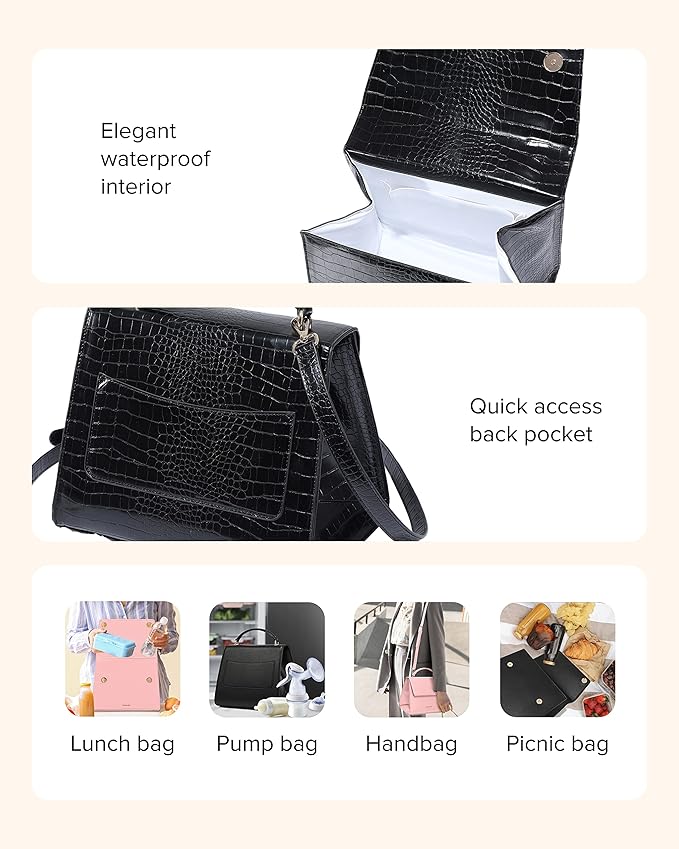 BEAUTYGOODIES - Large Insulated Lunch Bag, Black Croc Purse and Bag for Work, Lunch and Picnics. Designer Croc with Vegan Leather, Classy, Insulated Lunch Tote Bag for Women. Cute and a Great Gift !