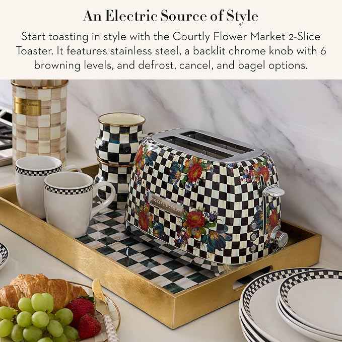 MACKENZIE-CHILDS 2-Slice Toaster, Decorative Toaster for Kitchen, Black-and-White Courtly Flower Market