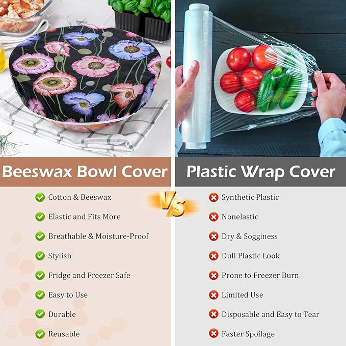 5-Size Reusable Beeswax Bowl Covers for Bread Proofing, Cotton Cloth Flexible Beeswax Wraps for Food Storage(Protea Floral)
