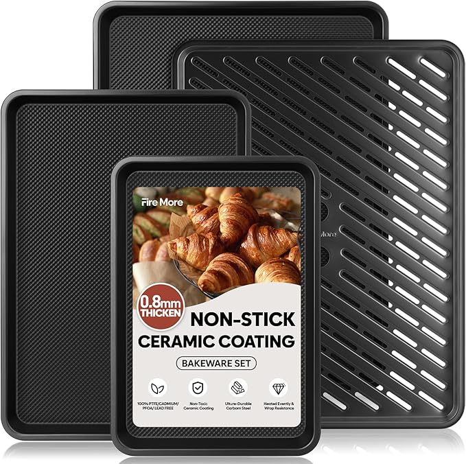 Nonstick Cookie Sheets for Baking with Cooling Rack Set of 4, 0.8mm Thick Heavy Duty Baking Sheets for Oven, Half/Quarter/Jelly Roll Pans Oven Trays, Baking Pan Set with Diamond Texture