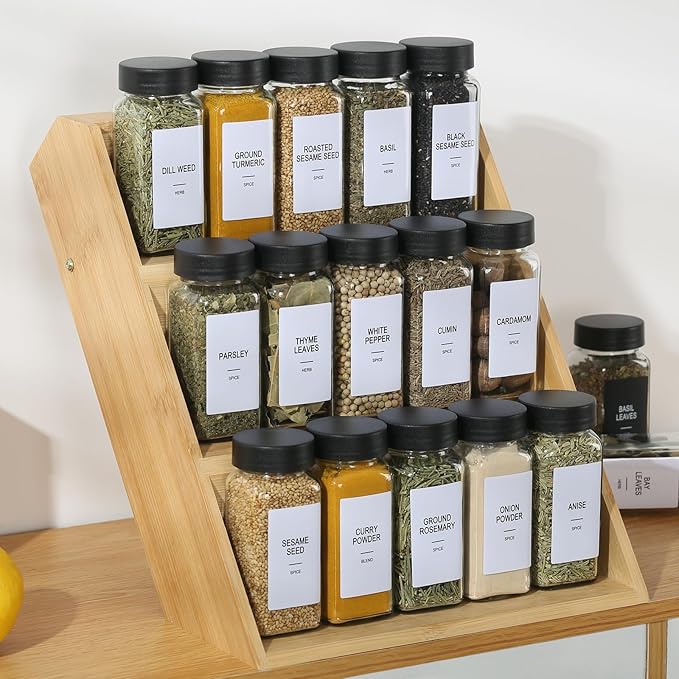 36 Glass Spice Jars with Labels, Spice Jar Set, 4oz Spice Containers, Seasoning Containers with Black Airtight Lids and Shaker Lids, Square Empty Spice Bottles, 492 Labels, 1 Funnel