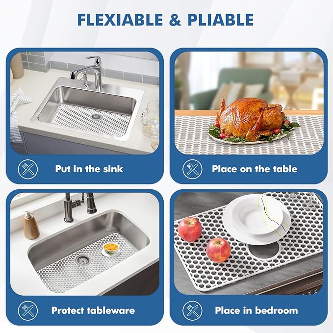 Bestjing Silicone Sink Protectors for Kitchen Sink - 26"x 14" Kitchen Protector Accessory, Non-Slip Heat Resistan Mat for Bottom of Farmhouse Stainless Steel Porcelain (Rear Drain Hole,White)