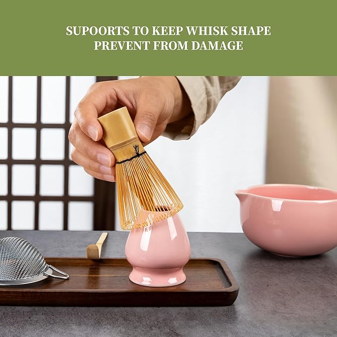 YIBO Matcha Whisk Set Pink, Handcrafted Bamboo Chasen & Ceramic Bowl Matcha Kit, Holder, Stainless Steel Sifter, Scoop Measuring Spoon & Cup Tools for Matcha Tea Ceremony