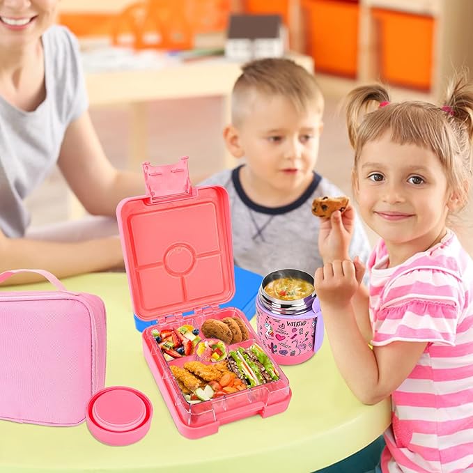 Pawtong Bento Lunch Box Set With 10oz Soup Thermo, Leak-proof Lunch Containers with 4 Compartment, Kids Hot Thermo Food Jar/Insulation Lunch Bag, Food Containers for School（Flamingo）