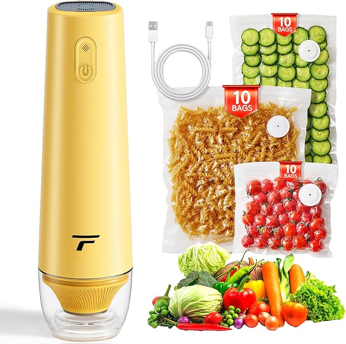 Vacuum sealer for food, Chef’s Design to Preserve Freshness, Compact Handheld Vacuum Sealer with 30 Reusable Bags, Professional-Grade for Food Storage Savers, Mustard