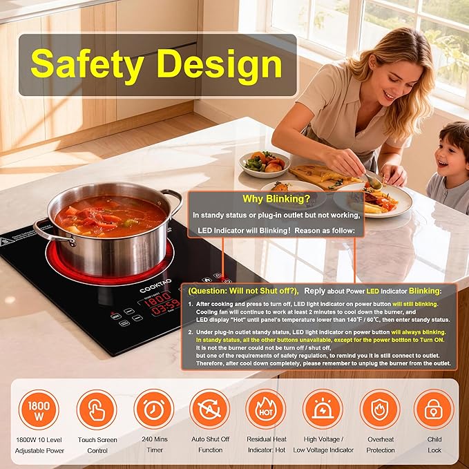 Dual Heating Coil Design of Single Burner Electric Cooktop, 1800W Ceramic Infrared Cooking Hot Plate, Portable Countertop or Built-in Radiant Stove Top Cooker with Wattage and Temperature Control