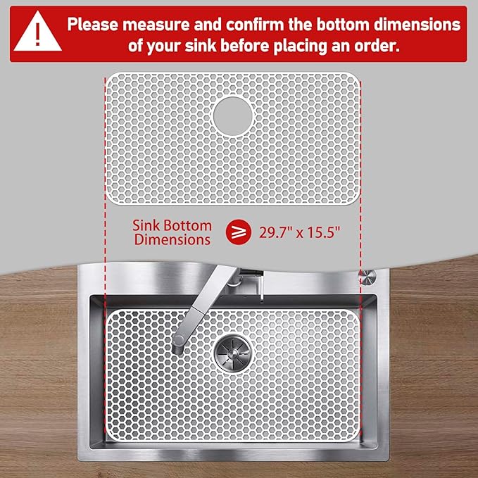 Bestjing Silicone Sink Protectors for Kitchen Sink with Rear Drain - 29.7"x 15.5" Kitchen Protector Accessory, Non-Slip Heat Resistan Mat for Bottom of Farmhouse Stainless Steel Porcelain (White)