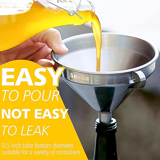 Anaeat Stainless Steel Kitchen Funnel, Multi-Use Premium Metal Food Grade Cooking Funnels with 2 Removable Strainer Filter for Transferring Liquid or Dry ingredients, Oils & 1 Pc Cleaning Brush (5.7")