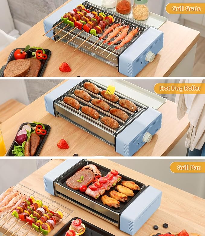 3-in-1 Electric Grill with Hot Dog Roller, Portable Indoor Outdoor BBQ Grill, Griddle and Sausage Roller Machine with Removable Non-Stick Plate & Drip Tray, for Tailgate, Camping, RV, Home Kitchen