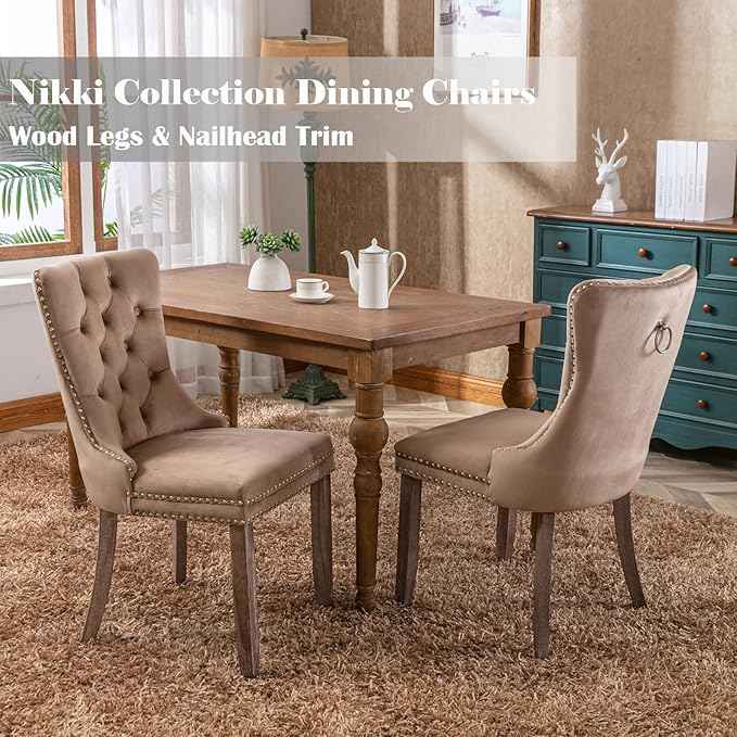 Upholstered Dining Chairs Set of 2, Velvet Dining Room Chairs with Back Ring Pull Trim and Solid Wood Legs, Tufted Wingback Kitchen Chair Perfect for Dining Room,Living Room,Kitchen(Khaki)
