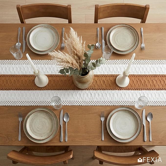 FEXIA Boho Table Runner with Tassels 12x72 Inches for Home Decor Farmhouse Rustic Macrame Hollow-Out Table Decoration for Living Room and Dining Room, Reddish Brown